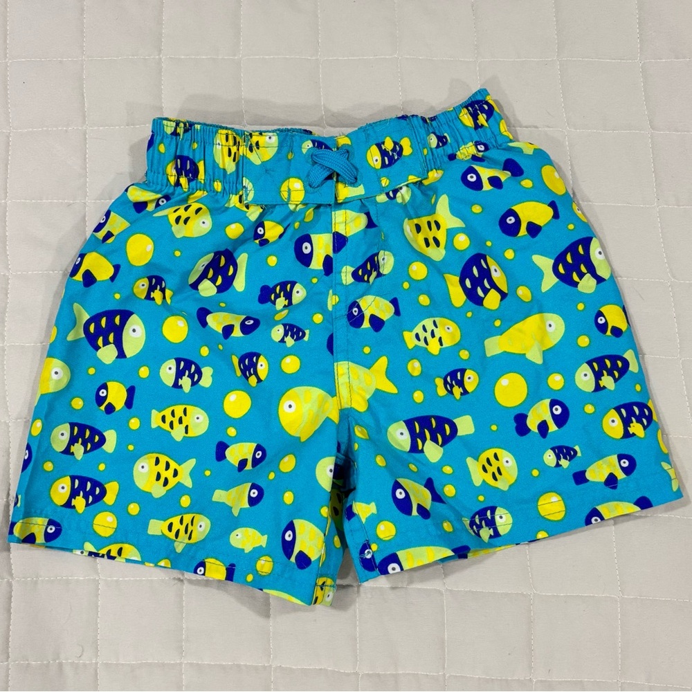 Sunpoint Swim Trunks Bathing Suit Bottoms Fish Print Blue with Yellow Fish 24M